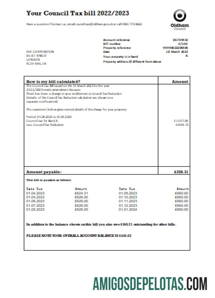 Projeto de lei fiscal sobre negócios fiscais do Conselho de Oldham, SCR amostra